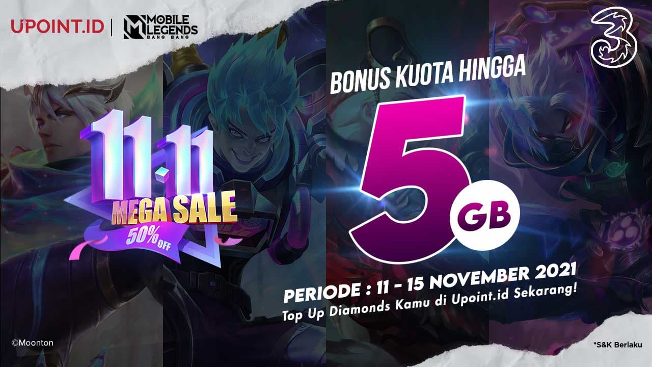 Promo 11.11! Dapatkan Bonus Kuota hingga 5GB, Top Up Mobile Legends Pakai Tri di Upoint