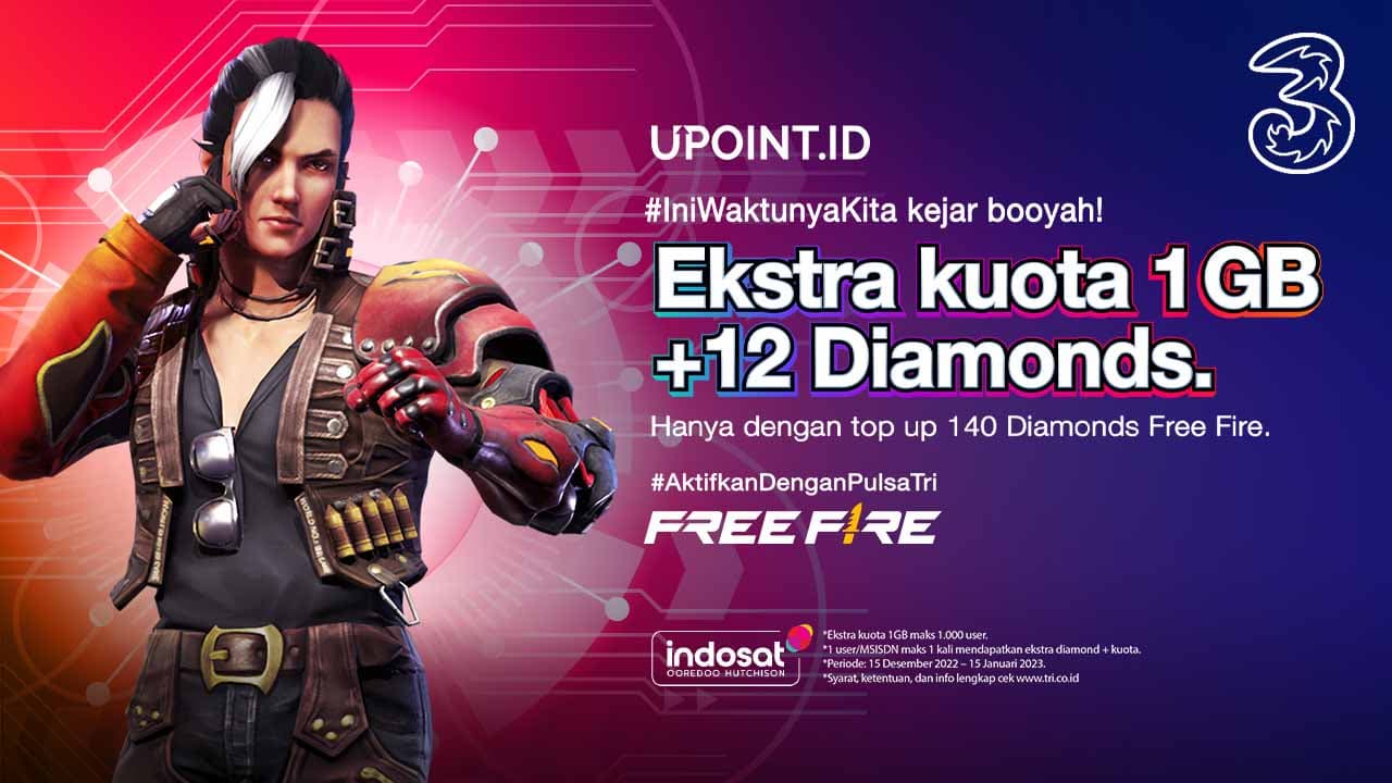 Bonus Kuota Tri 1 GB dan 12 Diamonds Free Fire Hanya di UPOINT.ID