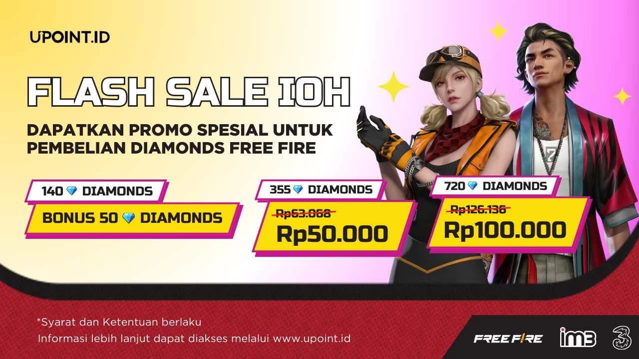 Promo FLASH SALE UPOINT.ID & H3ROStore! Dapatkan Bonus 50 Diamonds dalam bentuk Voucher dan Diskon Hingga Rp26.000 Diamonds menggunakan Pulsa Tri atau H3ROStore untuk Game Free Fire di UPOINT.ID!