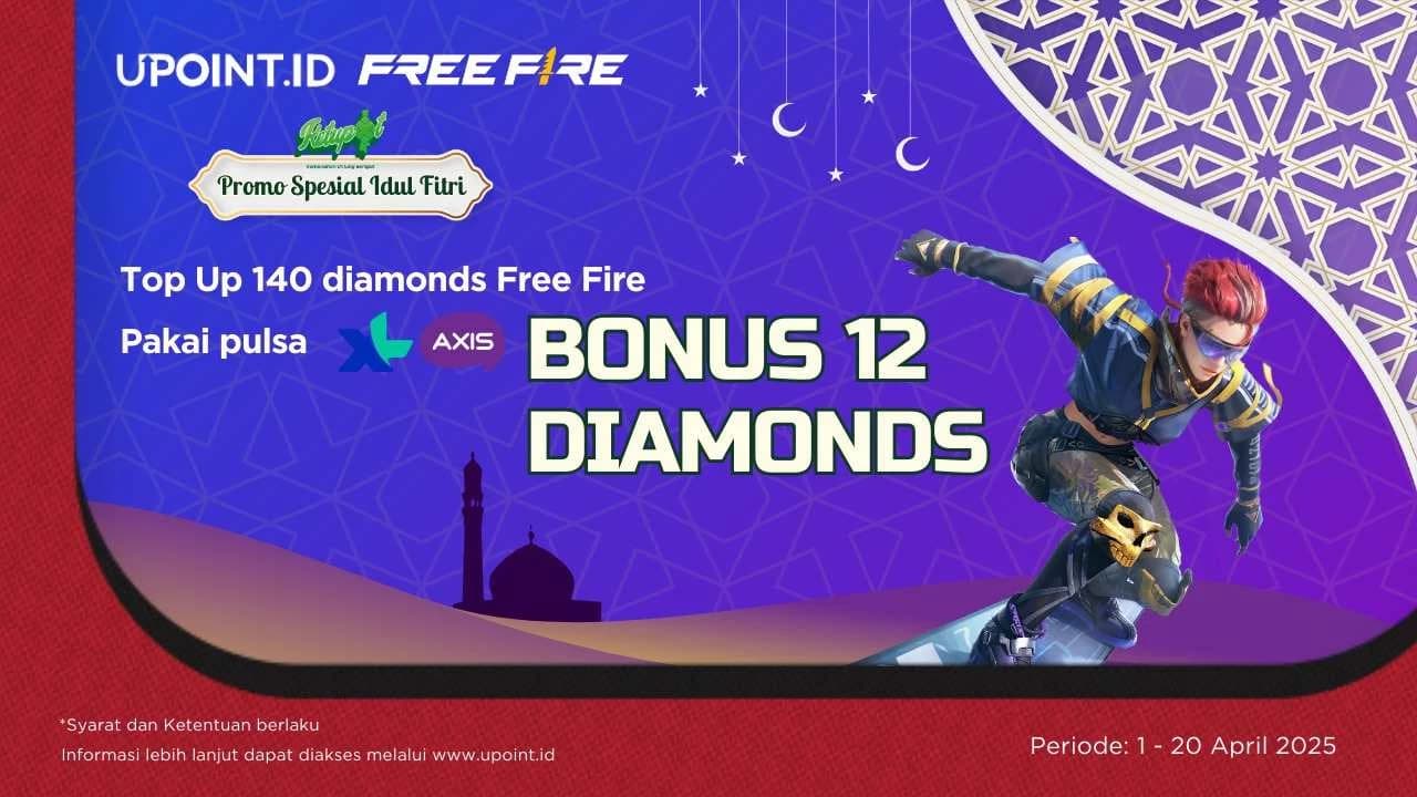 Di UPOINT.ID Kamu Bisa Dapet Bonus 12 Diamonds Free Fire Gratis, dengan cara Top Up Menggunakan Pulsa XL!