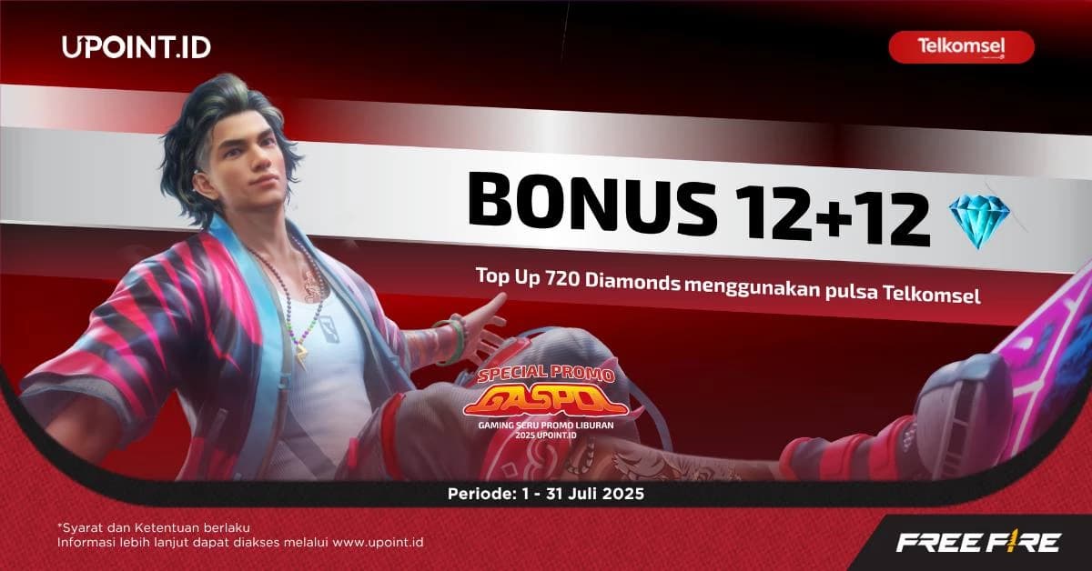 Promo UPOINT.ID: Dapatkan Bonus 12+12 Diamonds Setiap Pembelian 720 Diamonds Free Fire menggunakan pulsa Telkomsel di UPOINT.ID!