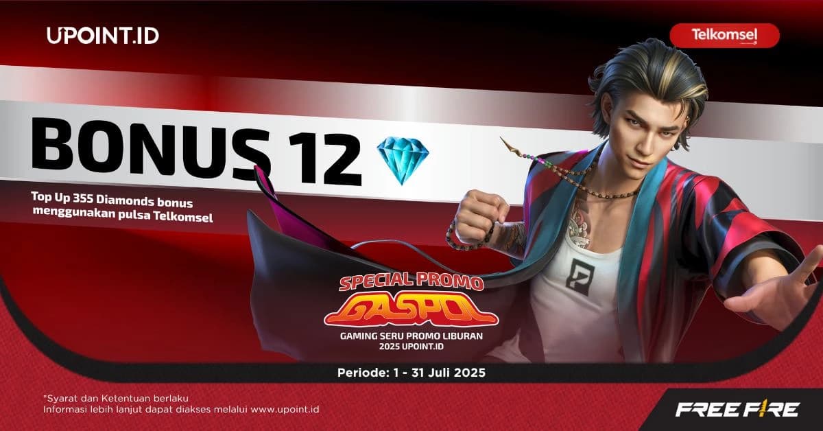 Promo UPOINT.ID: Dapatkan Bonus 12 Diamonds Setiap Pembelian 355 Diamonds Free Fire menggunakan pulsa Telkomsel di UPOINT.ID!