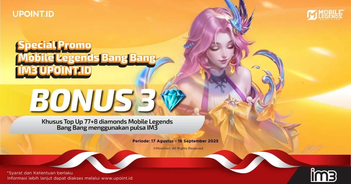 Dapatkan Bonus 3 Diamonds Setiap Pembelian 77+8 Diamonds Mobile Legends menggunakan pulsa Indosat atau myIM3 di UPOINT.ID!
