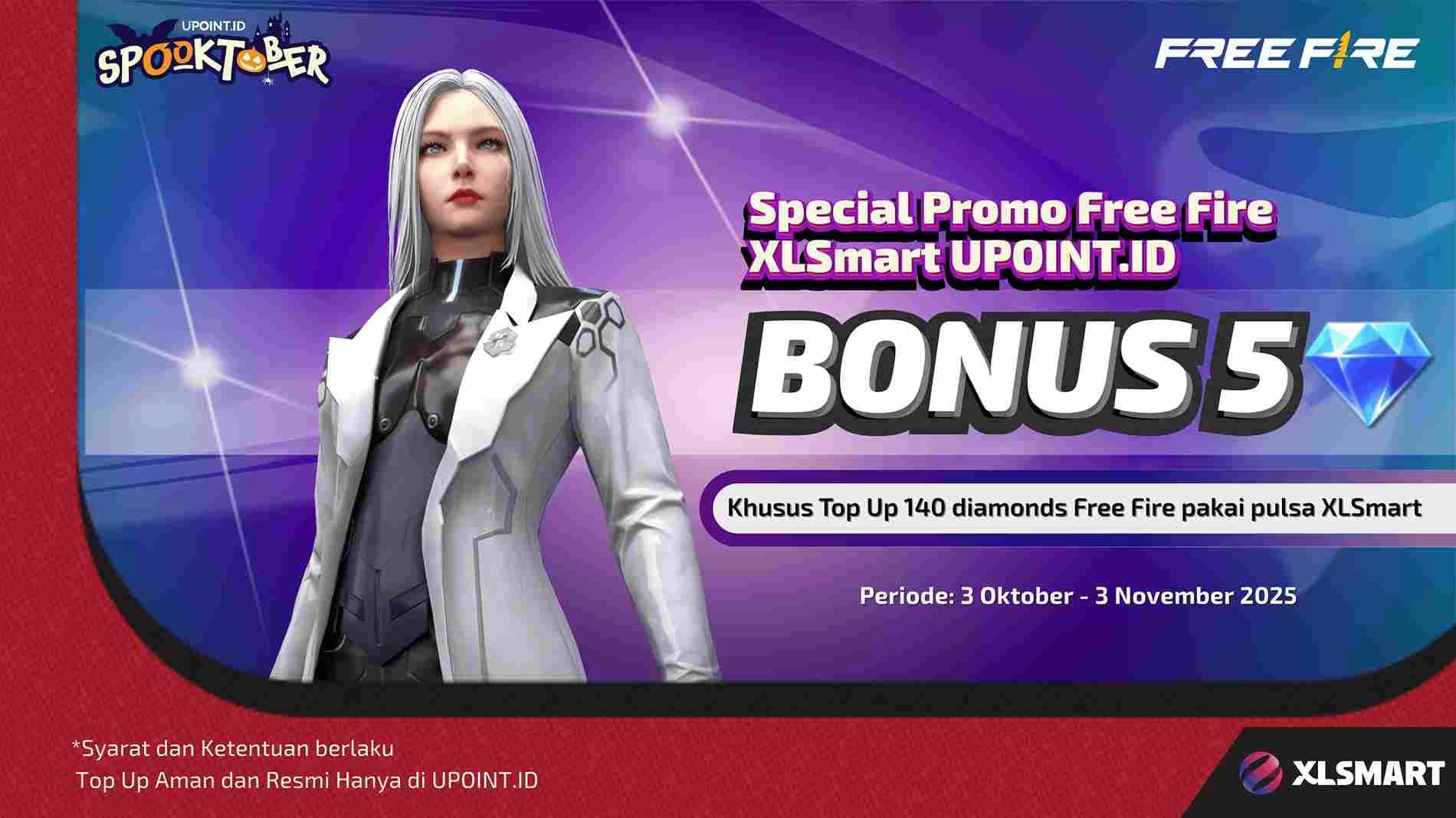 Dapatkan Bonus 5 Diamonds setiap Pembelian 140 Diamonds menggunakan Pulsa XL/Axis untuk Games Free Fire di UPOINT.ID!