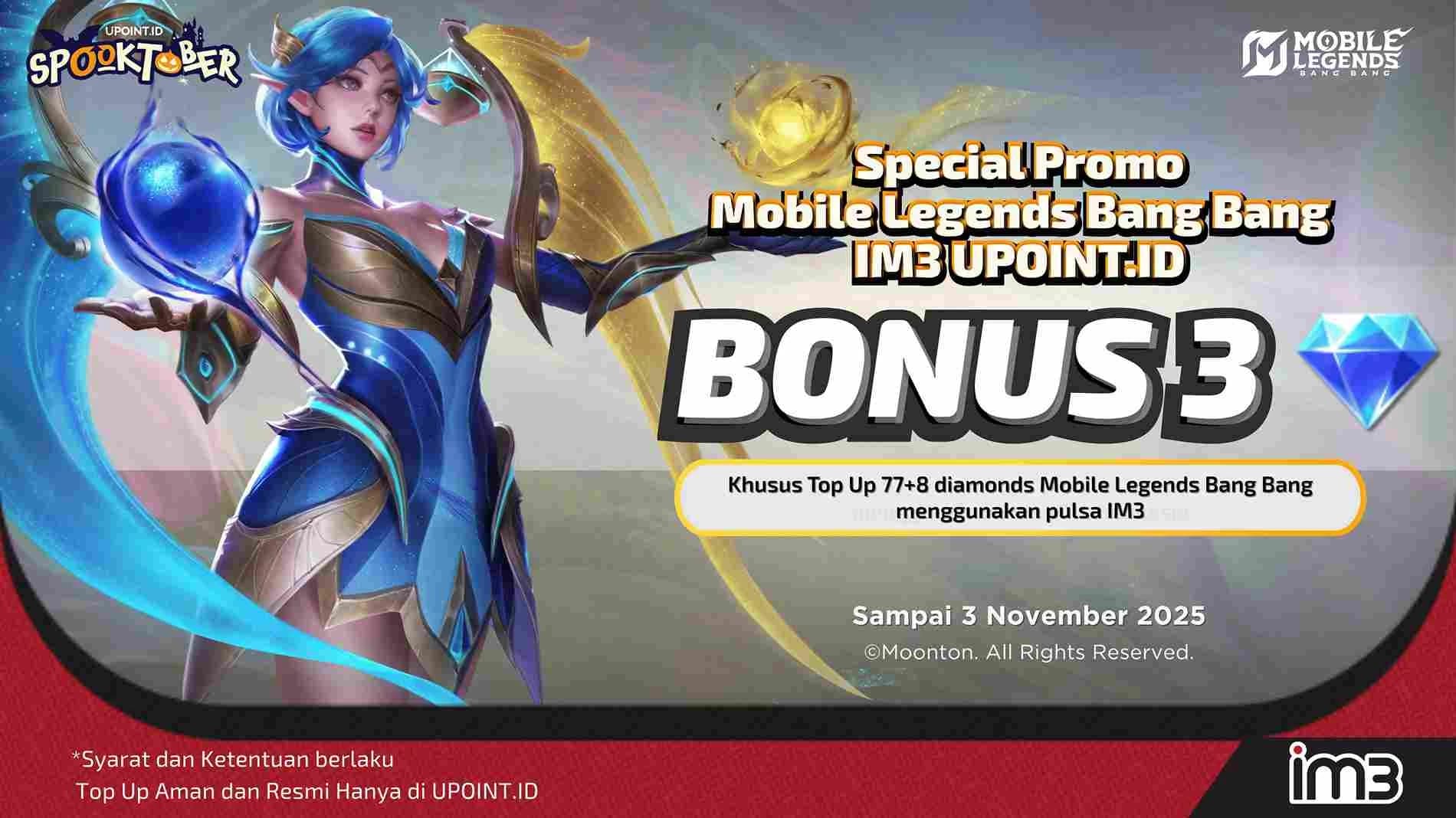 Dapatkan Bonus 3 Diamonds setiap Pembelian 77+8 Diamonds menggunakan Pulsa IM3 atau myIM3 untuk Games Mobile Legends di UPOINT.ID!
