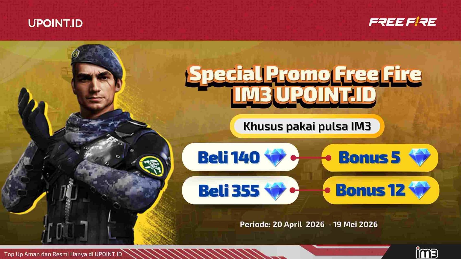 Double Booyah Buat User IM3! Top Up FF di UPOINT.ID & myIM3, Langsung Dapetin Bonus Diamond-nya!
