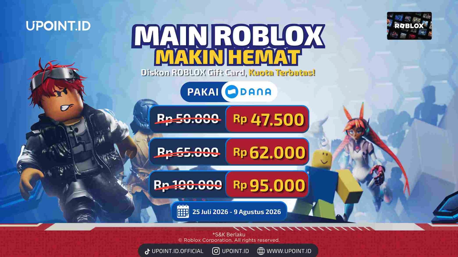 Panggilan buat pengguna Dana, lagi ada Diskon Voucher Roblox hanya di UPOINT.ID!