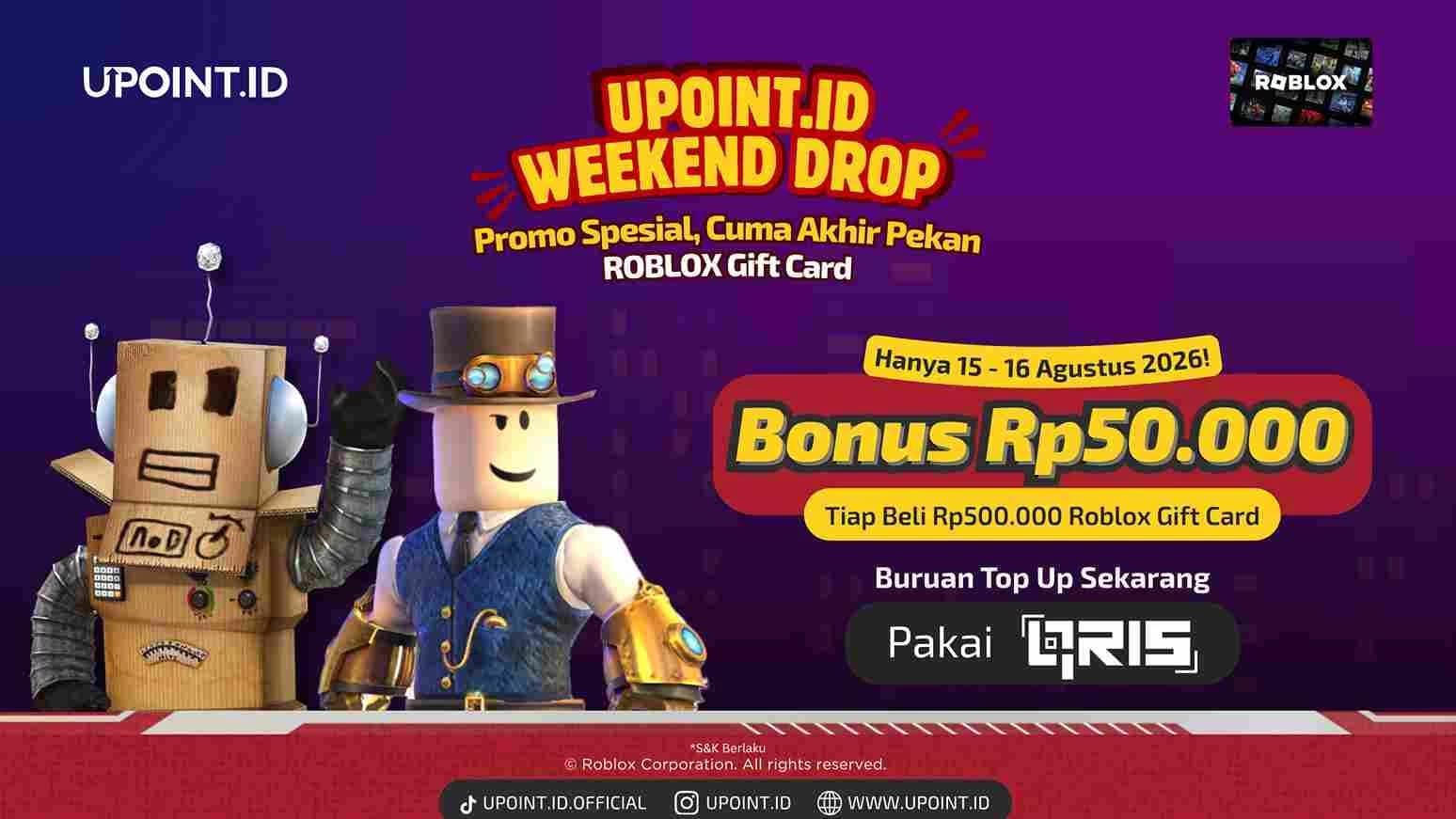 Hanya Weekend Ini! Bonus Roblox Gift Card Rp50.000 di UPOINT.ID
