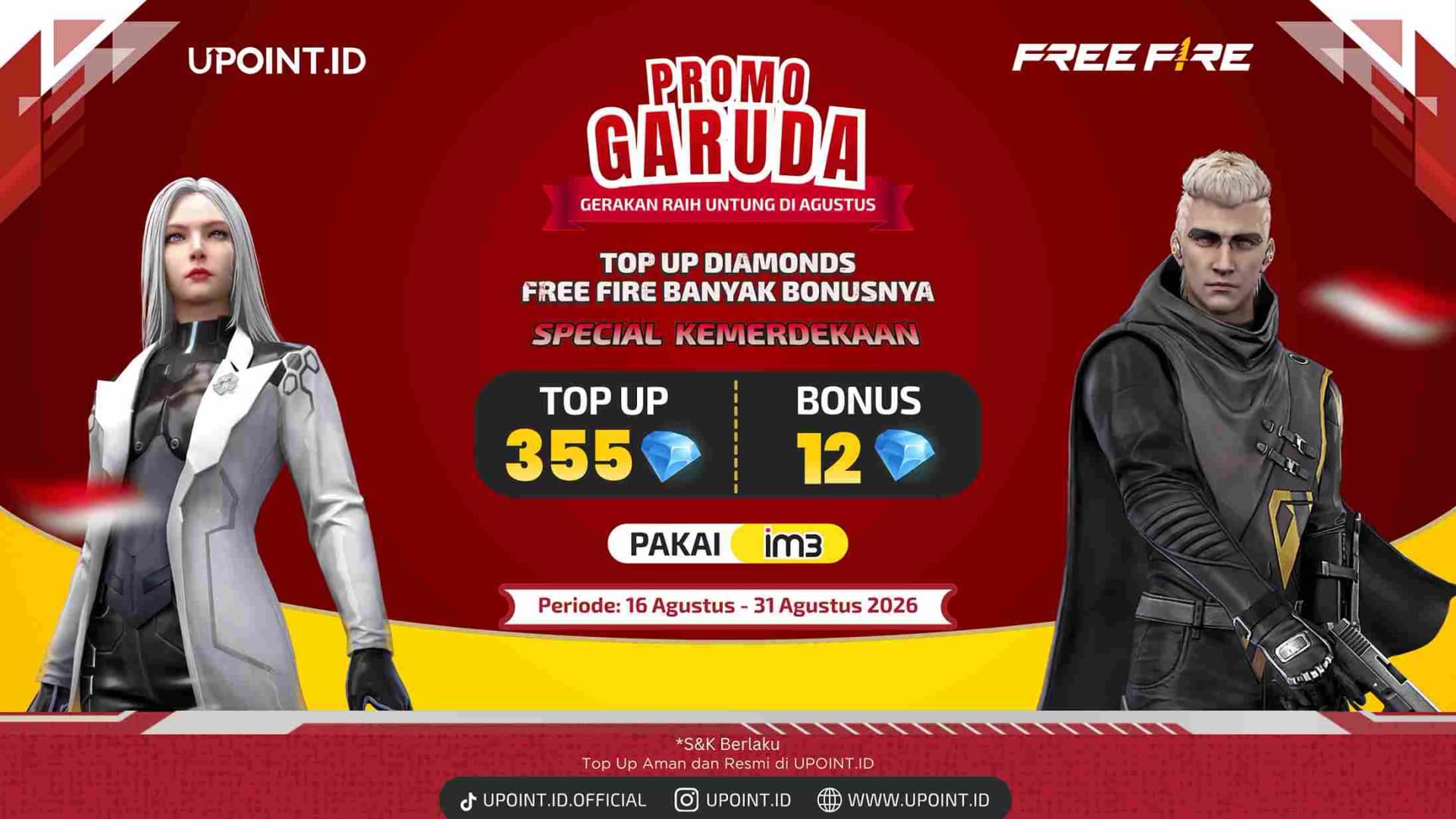 Promo Free Fire Agustus 2026: Bonus 12 Diamond Pakai Pulsa IM3 di UPOINT.ID