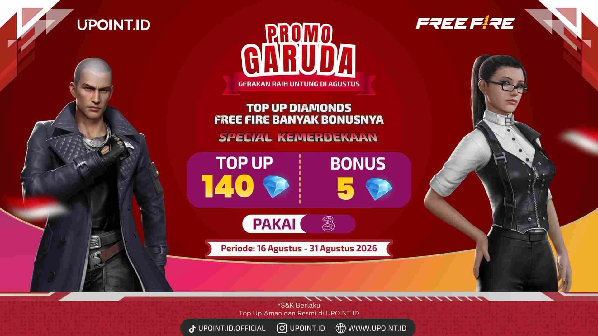 Promo Free Fire Agustus 2026: Bonus 5 Diamonds Pakai Pulsa Tri di UPOINT.ID
