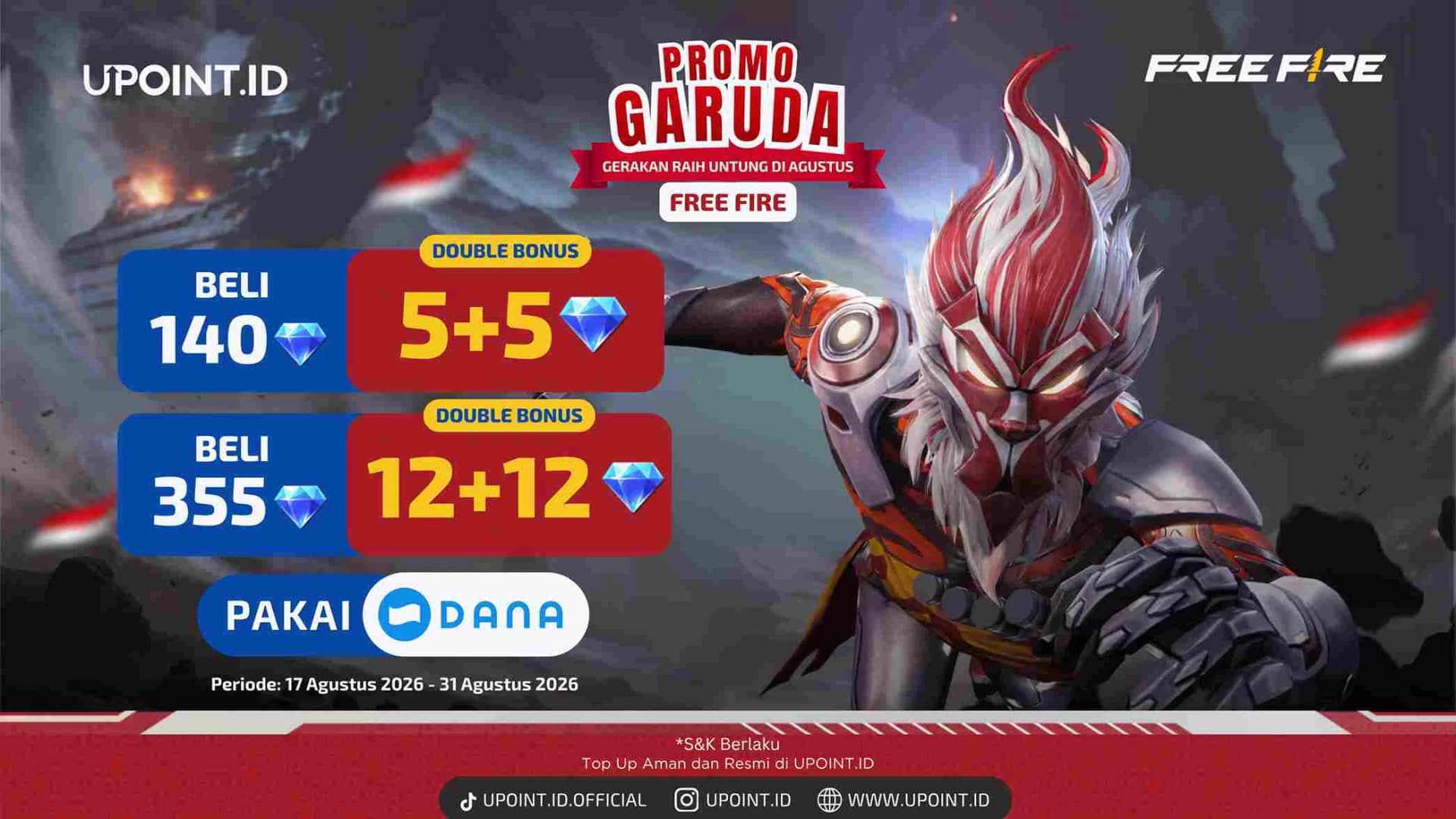 Promo GARUDA: Double Bonus Diamonds Free Fire Agustus 2026 Pakai DANA di UPOINT.ID