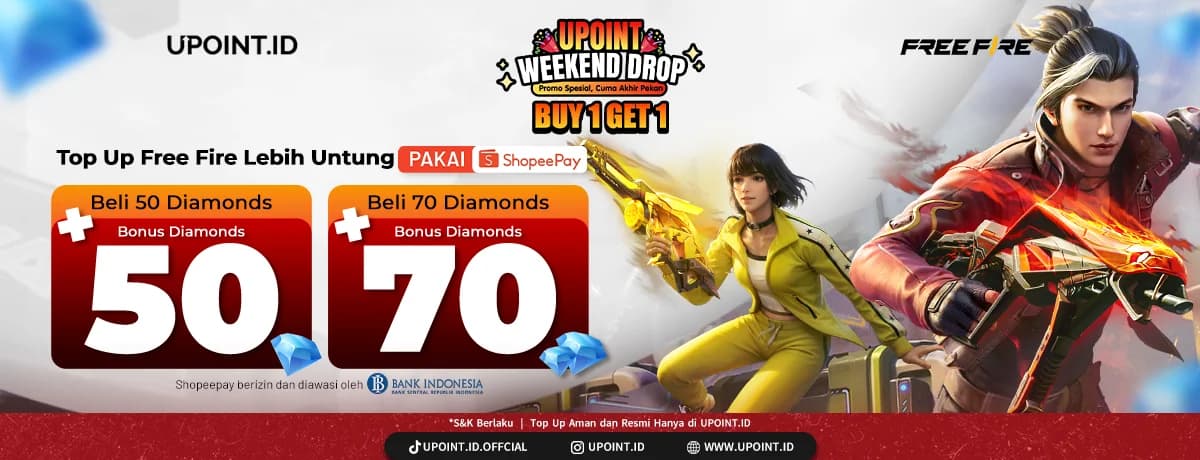 Promo Free Fire: Beli 50 atau 70 Diamond Bonus 100% via ShopeePay di UPOINT.ID
