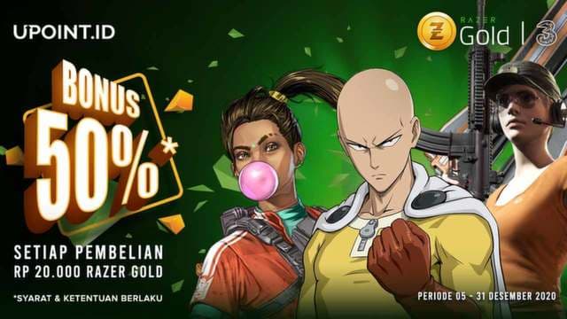 Beli Voucher Razer Gold Pakai Three, Dapat Bonus 50%