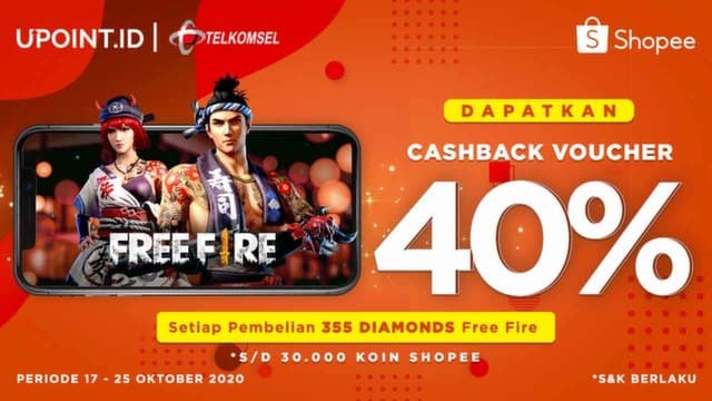 Top Up Free Fire di Upoint Dapat Cashback Voucher Shopee 40%