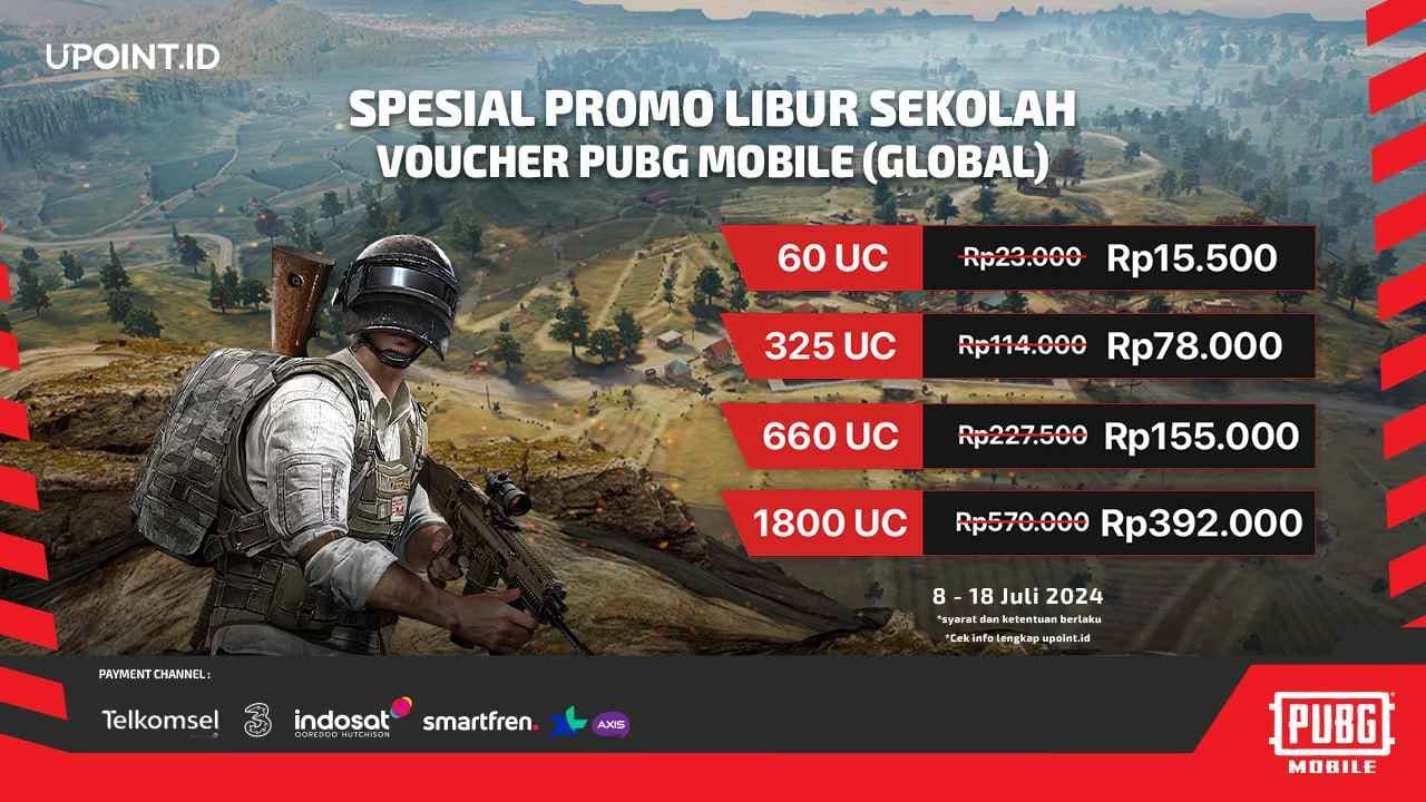Dapatkan Diskon hingga 177RB setiap Pembelian Denom 60 UC sampai 1800 UC untuk Games PUBG Mobile Voucher (Global) di UPOINT.ID!