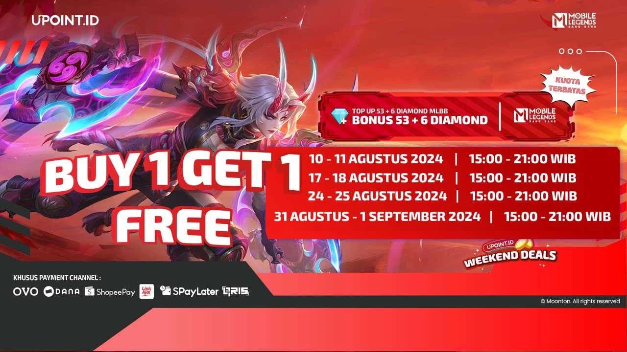 Buy 1 Get 1 Special Agustus! Dapatkan Bonus Diamonds 100% MLBB hanya di UPOINT.ID!
