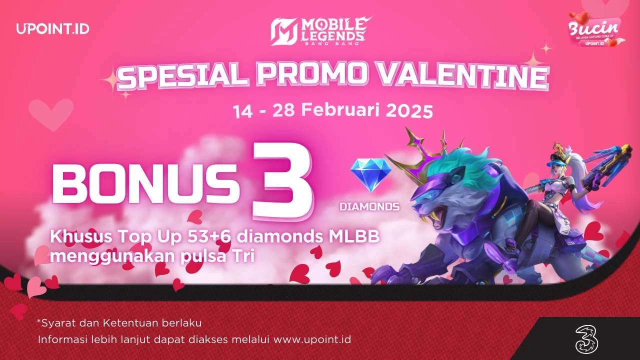 Promo Special Valentine UPOINT.ID: Dapatkan Bonus 3 Diamonds Setiap Pembelian Diamonds untuk Game Mobile Legends menggunakan Pulsa Tri atau H3ROStore di UPOINT.ID!