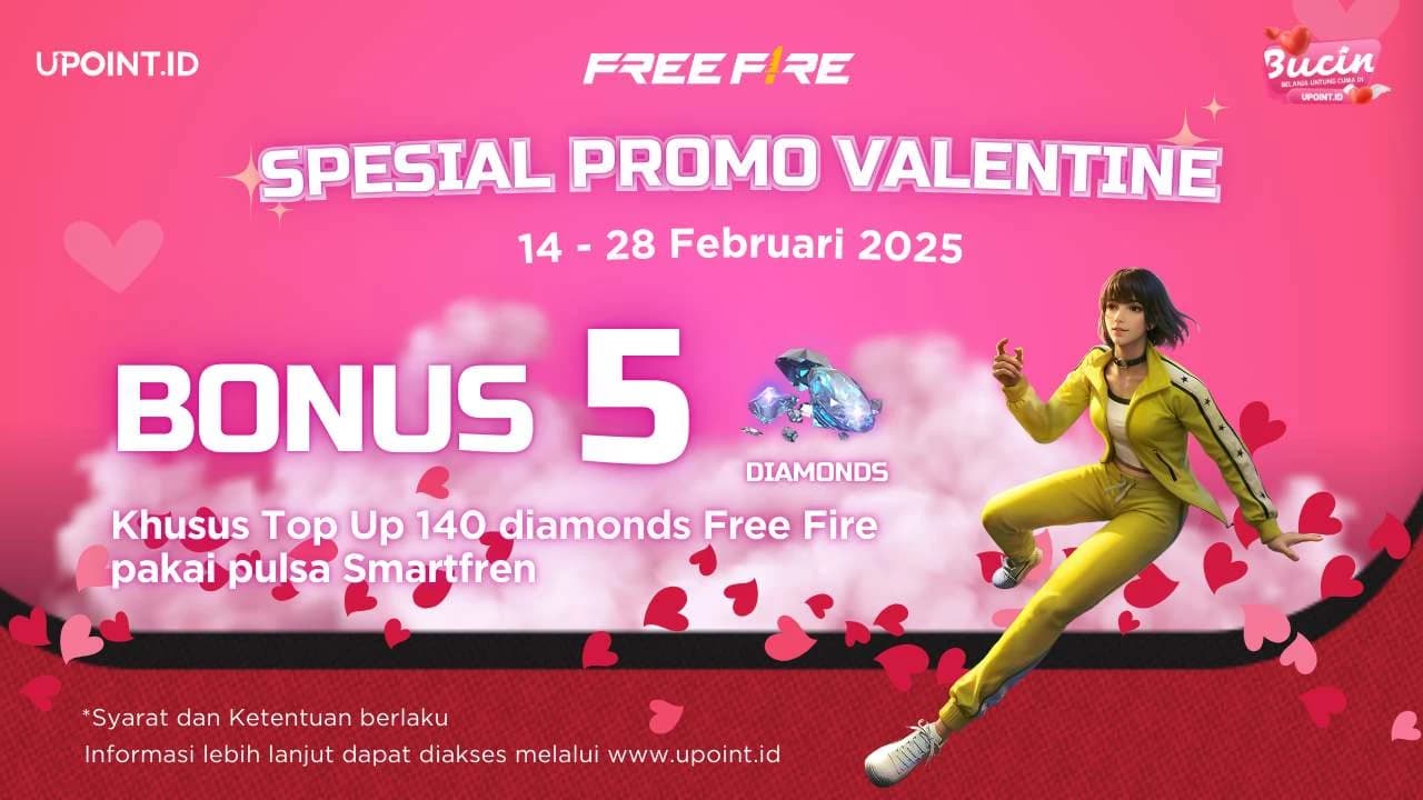 Promo Special Valentine UPOINT.ID: Dapatkan Bonus 5 Diamonds dan Kuota Internet Smartfren 1GB Setiap Pembelian Diamonds untuk Game Free Fire menggunakan Pulsa Smartfren atau MainBro di UPOINT.ID!