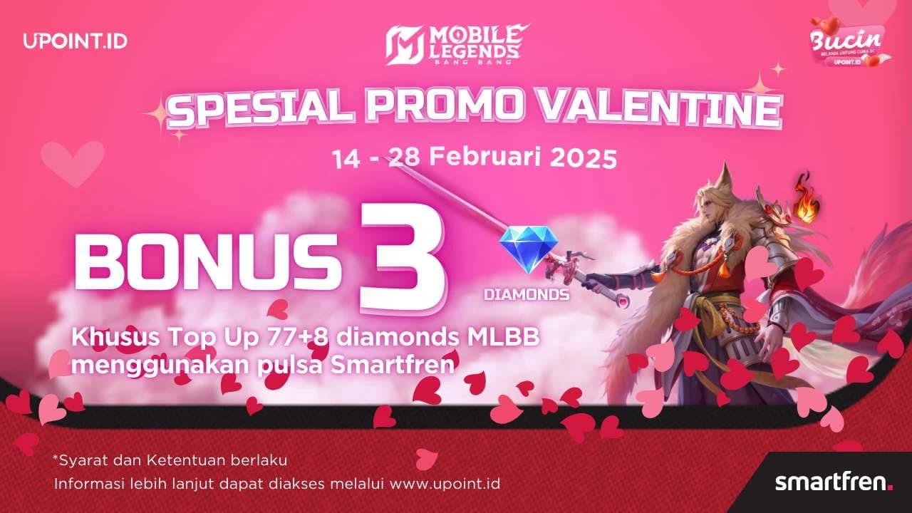 Promo Special Valentine UPOINT.ID: Dapatkan Bonus 3 Diamonds Setiap Pembelian Diamonds untuk Game Mobile Legends menggunakan Pulsa Smartfren atau MainBro di UPOINT.ID!
