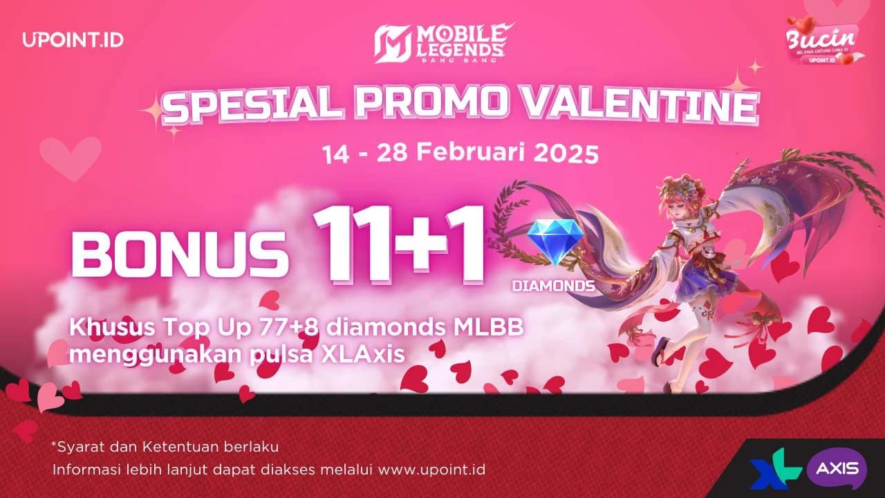 Promo Special Valentine UPOINT.ID: Dapatkan Bonus 11+1 Diamonds Setiap Pembelian Diamonds untuk Game Mobile menggunakan Pulsa XL/AXIS atau XLStore Legends di UPOINT.ID!