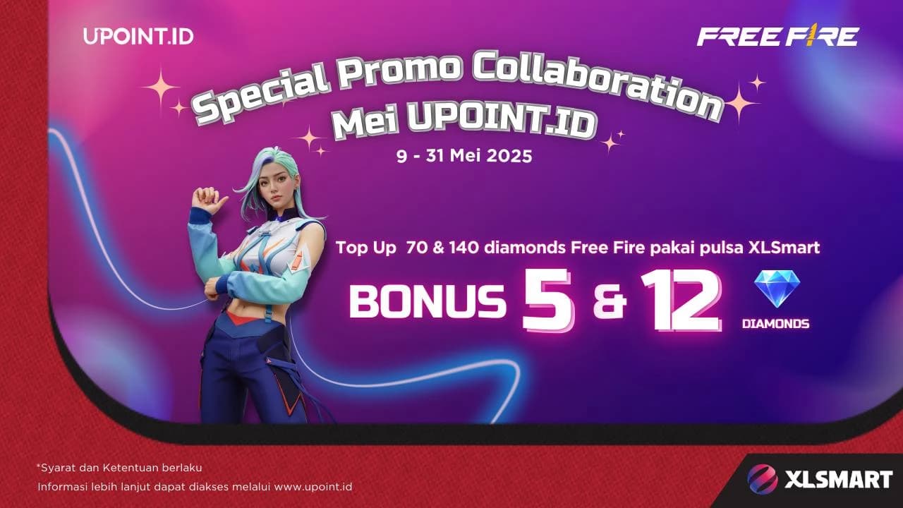 Promo UPOINT.ID: Dapatkan Bonus 5 atau 12 Diamonds Setiap Pembelian 70 atau 140 Diamonds Free Fire menggunakan pulsa XLSmart atau XLStore di UPOINT.ID!
