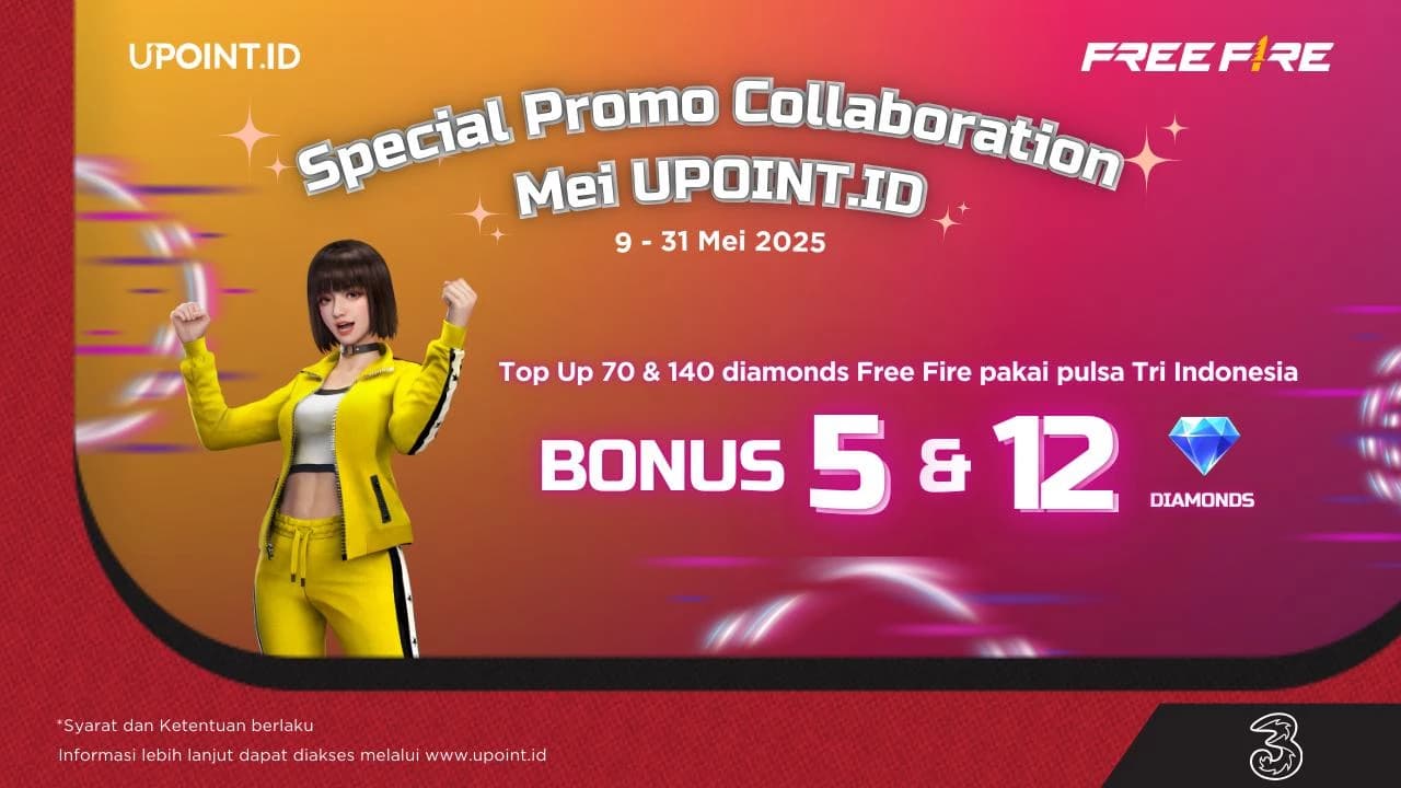 Promo UPOINT.ID: Dapatkan Bonus 5 atau 12 Diamonds Setiap Pembelian 70 atau 140 Diamonds Free Fire menggunakan pulsa Tri atau H3ROStore di UPOINT.ID!