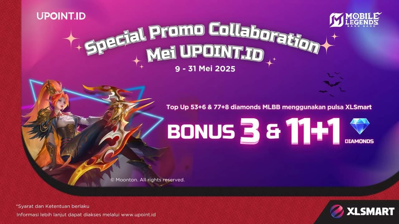 Promo UPOINT.ID: Dapatkan Bonus 3 atau 11+1 Diamodns Setiap Pembelian 53+6 atau 77+8 Diamonds Mobile Legends menggunakan pulsa XLSmart atau XLStore di UPOINT.ID!