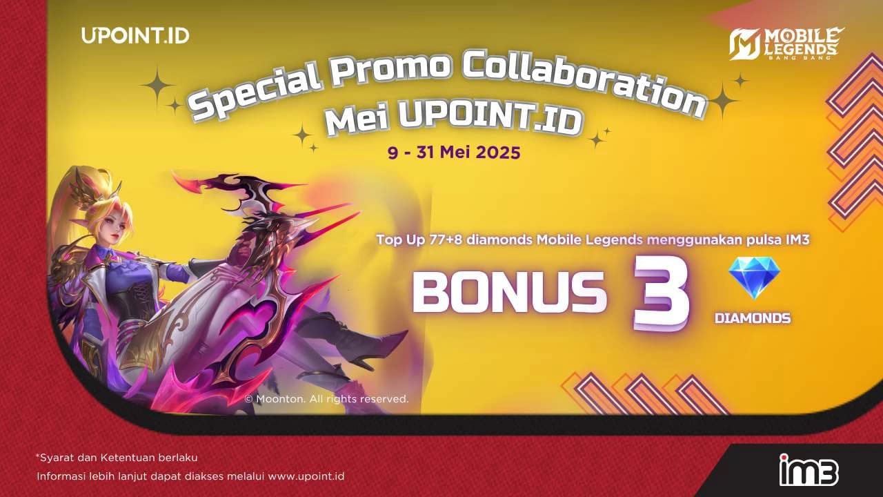 Promo UPOINT.ID: Dapatkan Bonus 3 Diamonds Setiap Pembelian 77+8 Diamonds Mobile Legends menggunakan pulsa Indosat atau myIM3 di UPOINT.ID!
