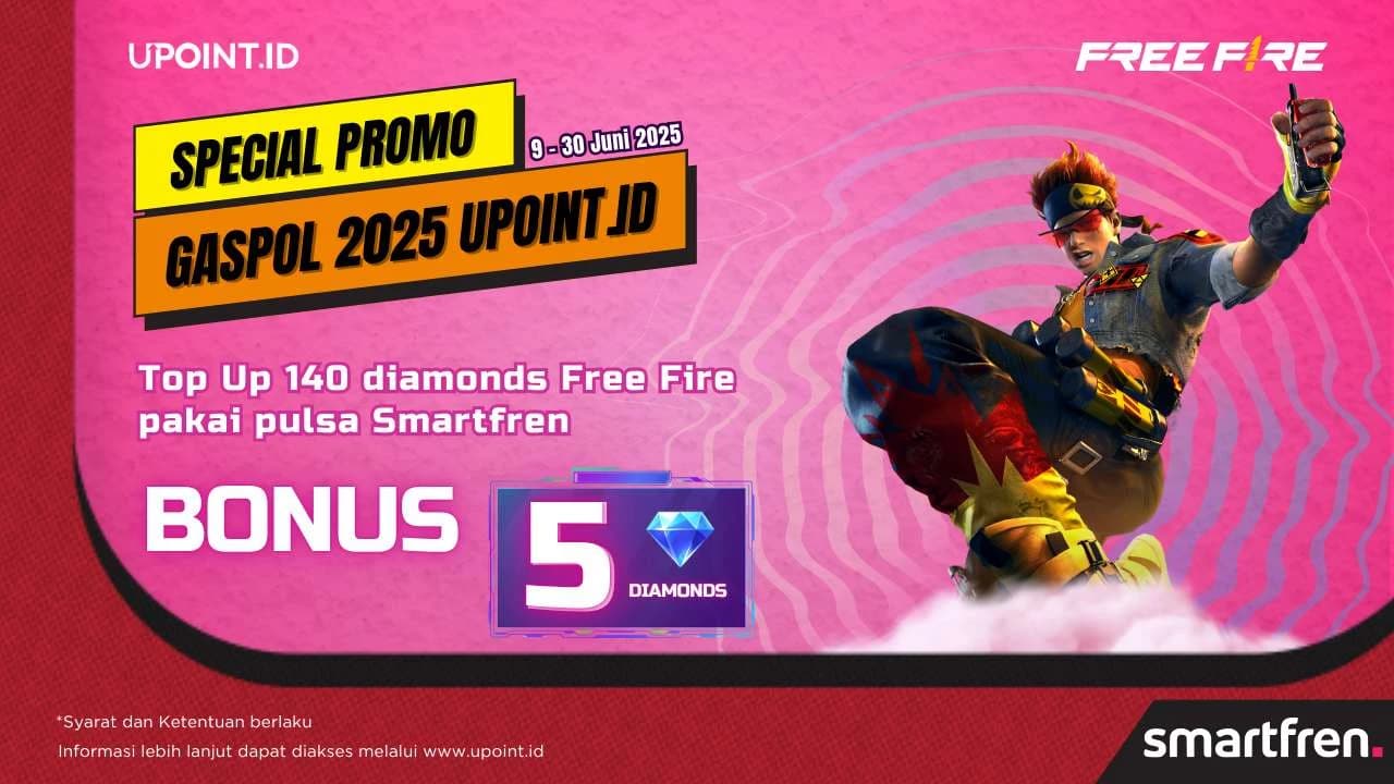Promo UPOINT.ID: Dapatkan Bonus 5 Diamonds Plus 1 GB Kuota Internet Smartfren Setiap Pembelian 140 Diamonds Free Fire menggunakan pulsa Smartfren atau MainBro di UPOINT.ID!