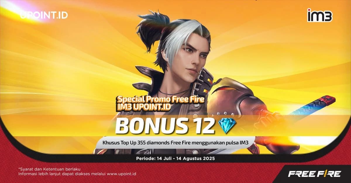 Promo UPOINT.ID: Dapatkan Bonus 12 Diamonds Setiap Pembelian 355 Diamonds Free Fire menggunakan pulsa Indosat atau myIM3 di UPOINT.ID!
