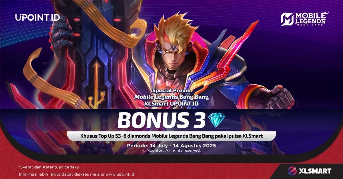 Promo UPOINT.ID: Dapatkan Bonus 3 Diamonds Setiap Pembelian 53+6 Diamonds Mobile Legends menggunakan pulsa XLSmart atau XLStore di UPOINT.ID!