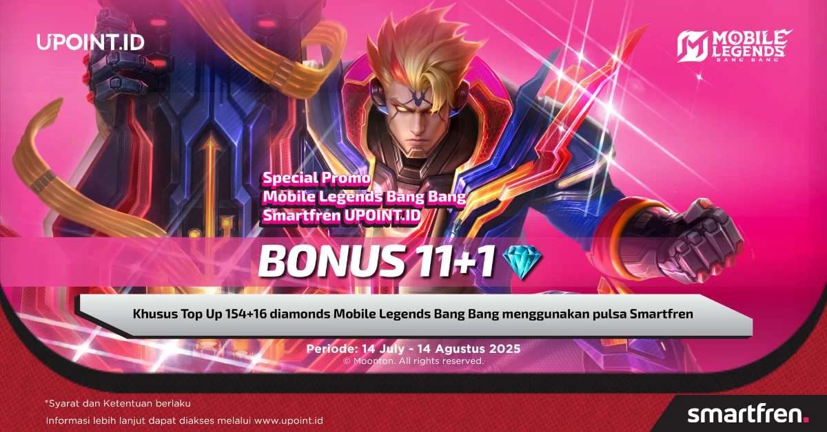 Promo UPOINT.ID: Dapatkan Bonus 11+1 Diamonds Plus 2 GB Kuota Internet Smartfren Setiap Pembelian 154+16 Diamonds Mobile Legends menggunakan pulsa Smartfren atau MainBro di UPOINT.ID!