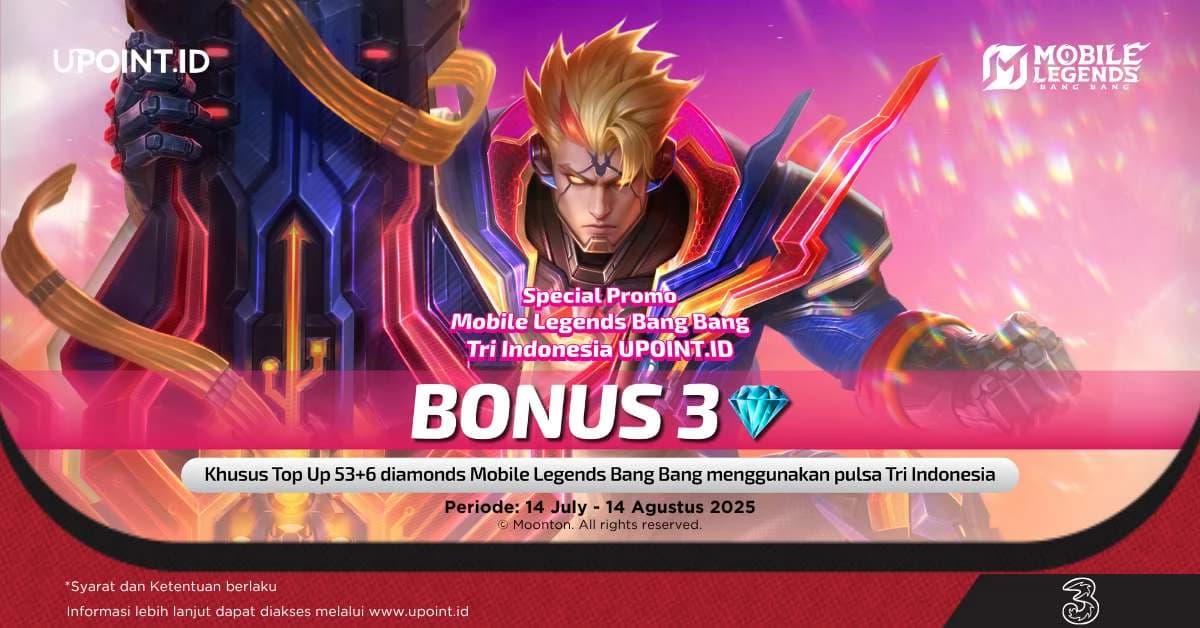 Promo UPOINT.ID: Dapatkan Bonus 3 Diamonds Setiap Pembelian 53+6 Diamonds Mobile Legends menggunakan pulsa Tri atau H3ROStore di UPOINT.ID!