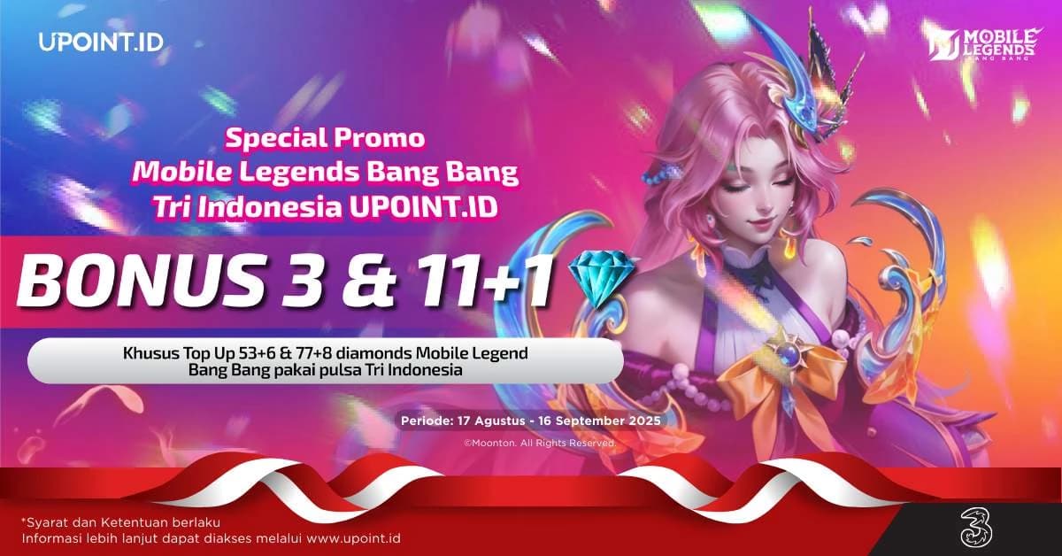 Dapatkan Bonus 3 atau 11+1 Diamonds Setiap Pembelian 53+6 atau 77+8 Diamonds Mobile Legends Plus Kuota Internet Tri 1 GB menggunakan pulsa Tri atau H3ROStore di UPOINT.ID!