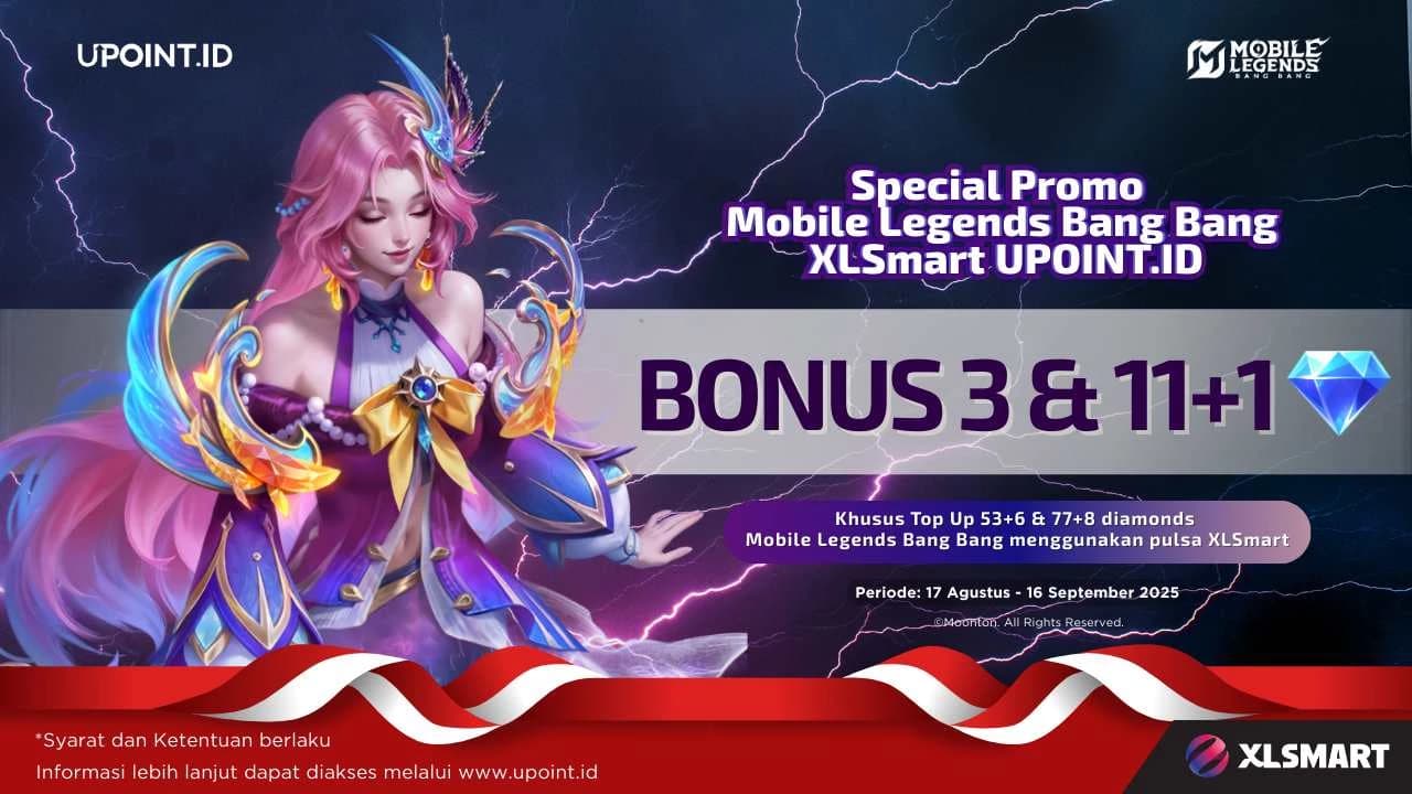 Dapatkan Bonus 3 atau 11+1 Diamonds Setiap Pembelian 53+6 atau 77+8 Diamonds Mobile Legends menggunakan pulsa XLSmart atau XLStore di UPOINT.ID!