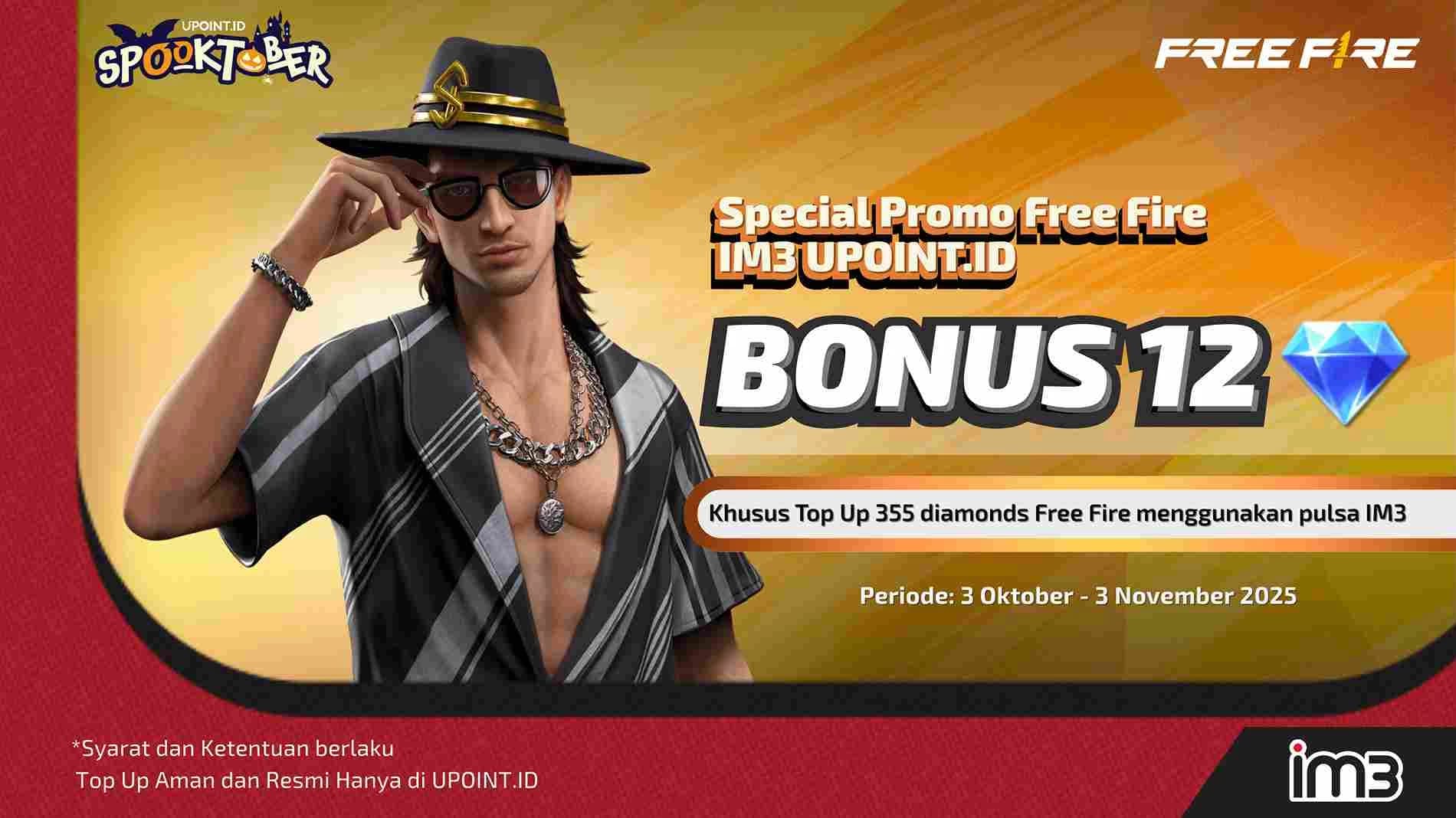 Dapatkan Bonus 12 Diamonds setiap Pembelian 355 Diamonds menggunakan Pulsa IM3 atau myIM3 untuk Games Free Fire di UPOINT.ID!