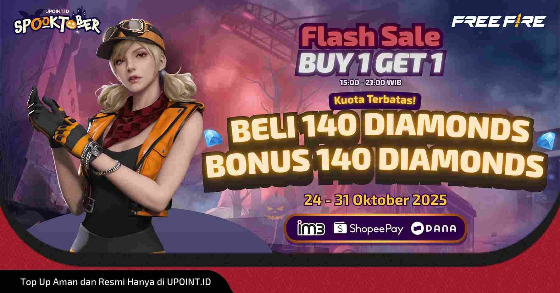 Dapatkan Bonus 140 Diamonds Setiap Pembelian Denom 140 Diamonds untuk Game Free Fire menggunakan Pulsa IM3, ShopeePay atau DANA di UPOINT.ID!