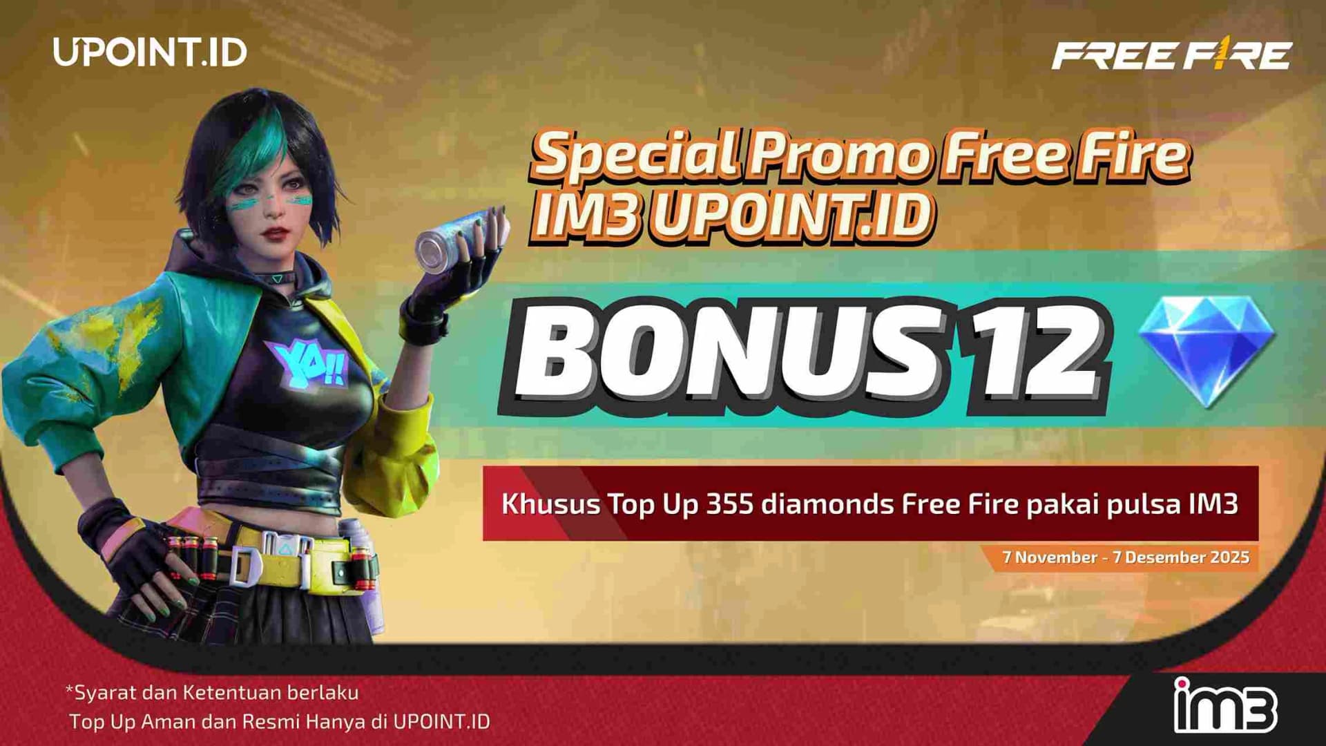 Top Up 355 Diamonds Free Fire Dapat Bonus 12 Diamonds! Cuma di UPOINT.ID!