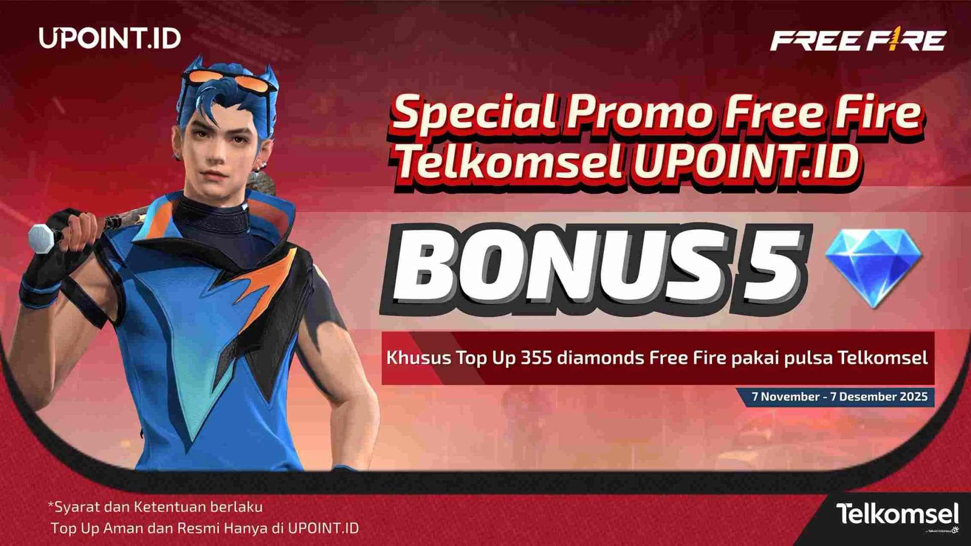 Dapatkan Bonus 5 Diamonds Free Fire! Khusus Pengguna Telkomsel di UPOINT.ID!