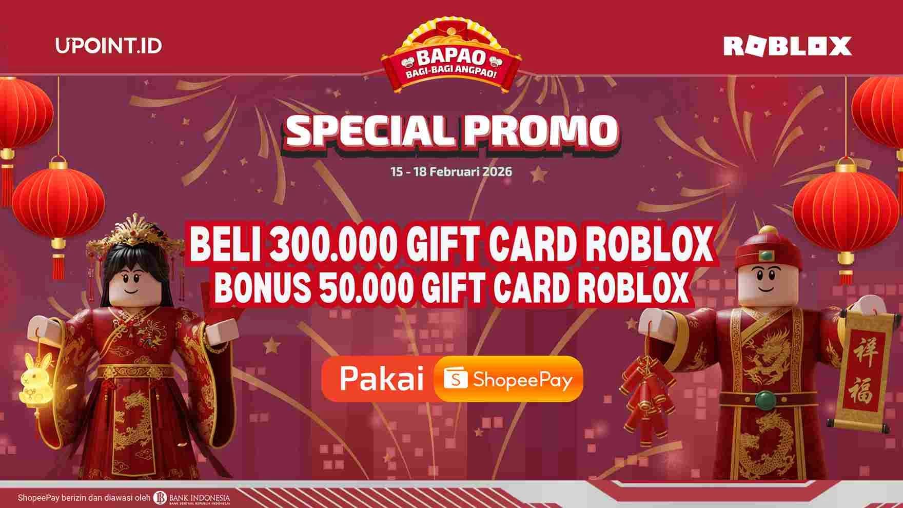 Cuma 4 Hari! Beli Gift Card Roblox 300 Ribu di UPOINT.ID, Langsung Dapet Bonus 50 Ribu!