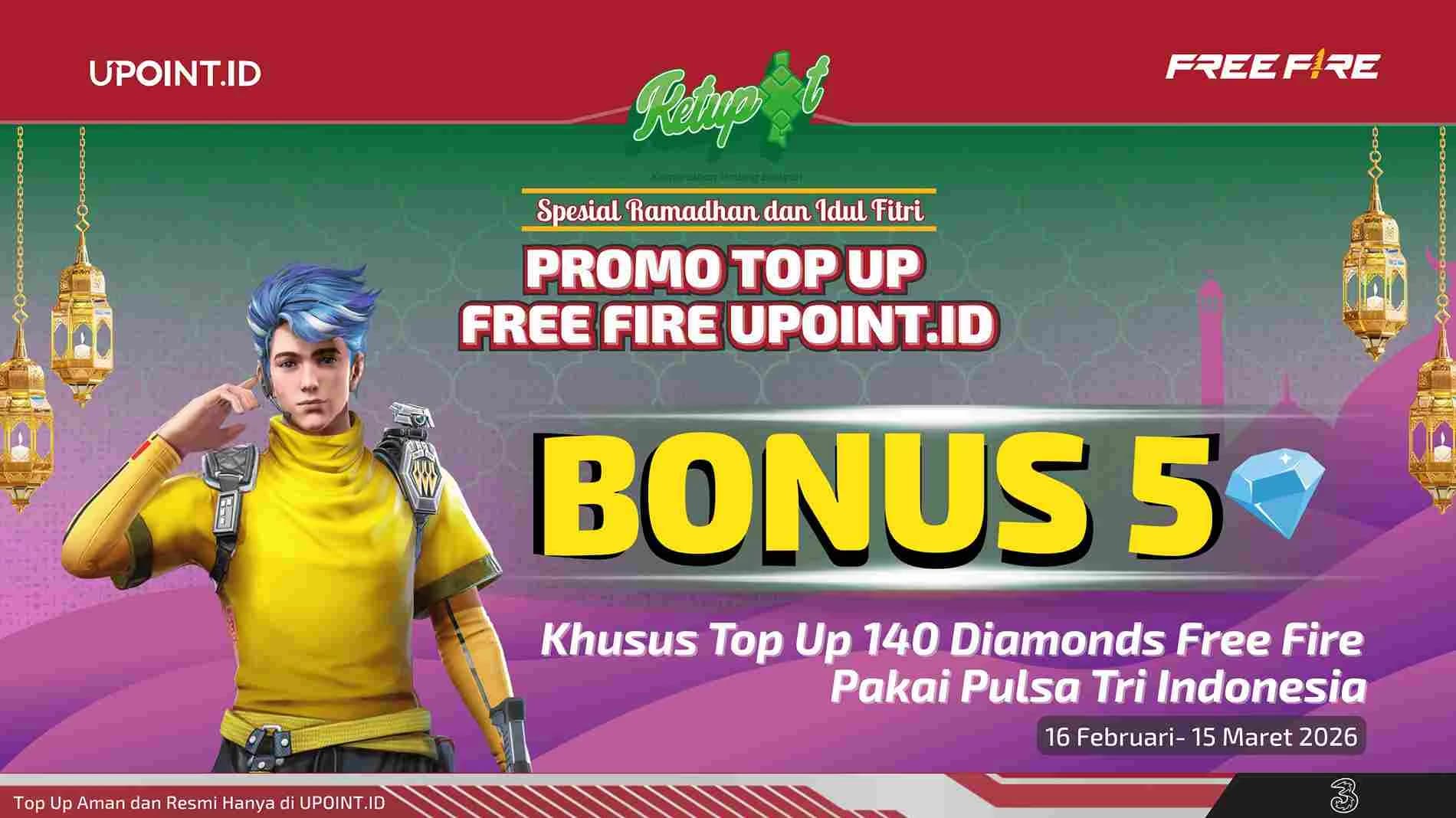 Khusus Pengguna Tri! Top Up 140 Diamond FF di UPOINT.ID, Langsung Dapet Bonus Cuan!