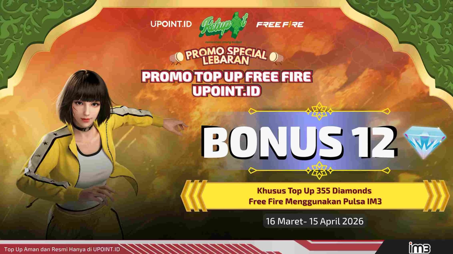 Promo Spesial User IM3! Top Up 355 Diamond FF di UPOINT.ID, Langsung Dapet Ekstra 12 Diamond!