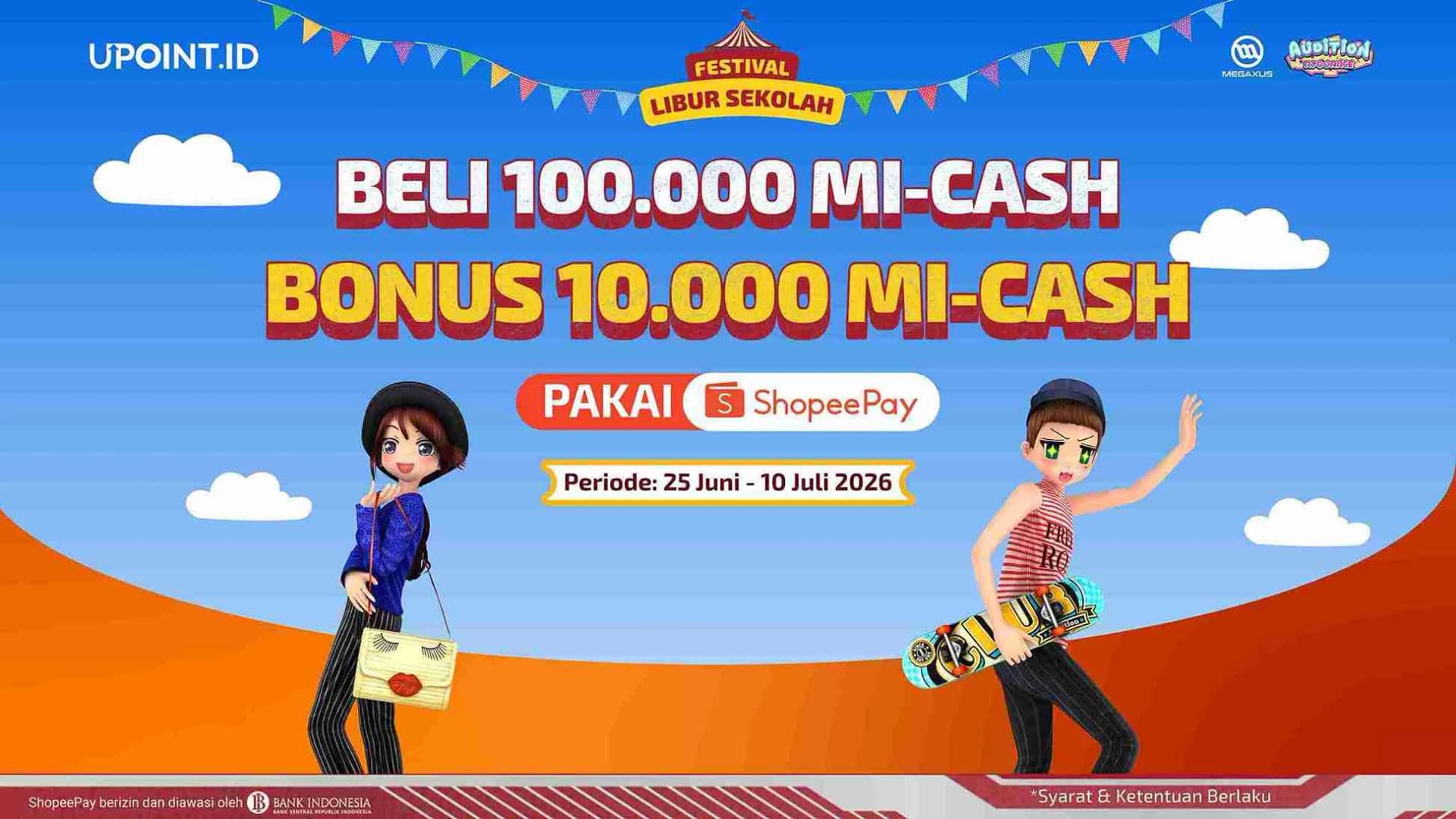 Spesial Libur Sekolah! Top Up 100 Ribu MI-Cash Megaxus Pakai ShopeePay di UPOINT.ID, Auto Ketiban Bonus 10 Ribu!