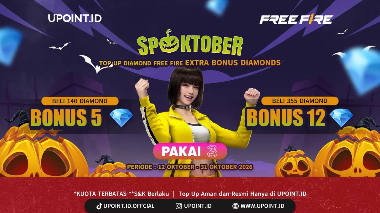 Spooktober Tiba! Promo Top Up FF Pakai Pulsa Tri: Bonus hingga 12 Diamond di UPOINT.ID