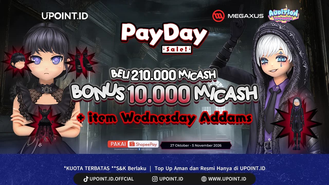 Top Up Ayodance Pakai ShopeePay: Bonus 10.000 MI-Cash + Item Wednesday Addams/Xavier Set di UPOINT.ID
