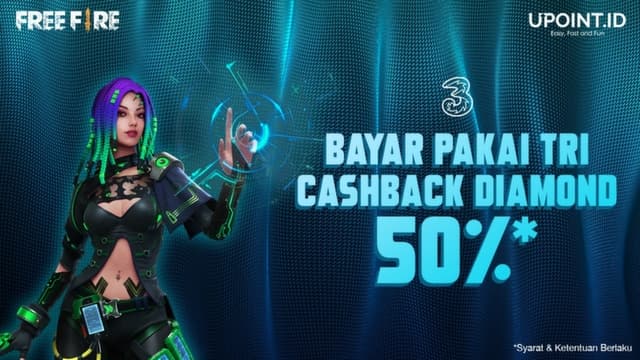 Bayar Pakai Tri Dapet Cashback 50% Diamond Free Fire