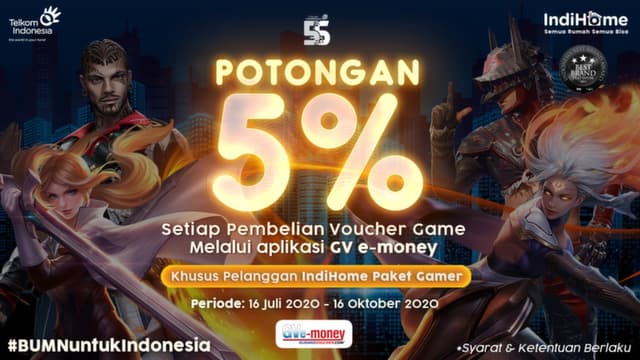 Khusus Pengguna IndiHome Gamer, Dapatkan Diskon 5% Transaksi Game Pakai GV E-money