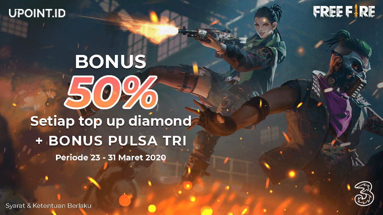 Bonus pulsa dan 50%* Diamonds Free Fire cuma buat Kamu pengguna Tri!