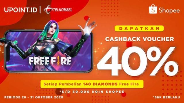 Diperpanjang! Top Up Free Fire di Upoint Dapat Cashback Voucher Shopee 40%