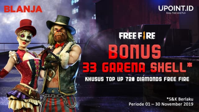 Top Up Diamonds Free Fire Bonus 33 Garena Shell di Blanja.com